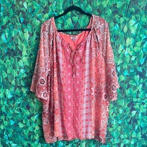 Roz & Ali - Salmon Pink Relaxed Blouse with Flared Sleeves(curvy size)